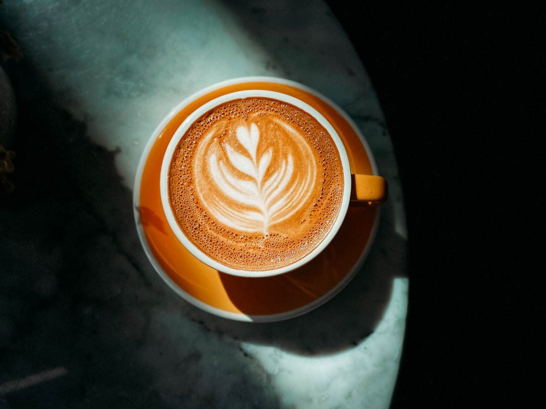 Freshly made milk-based espresso drink basking in the sunlight