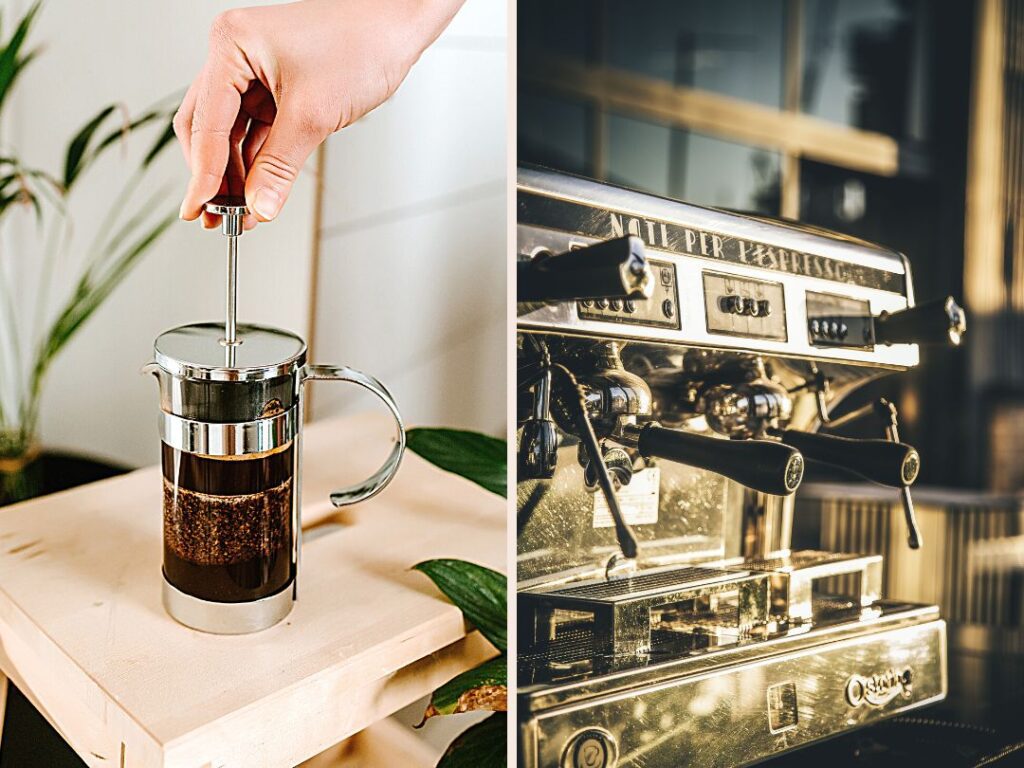 French press being plunged and professional espresso machine