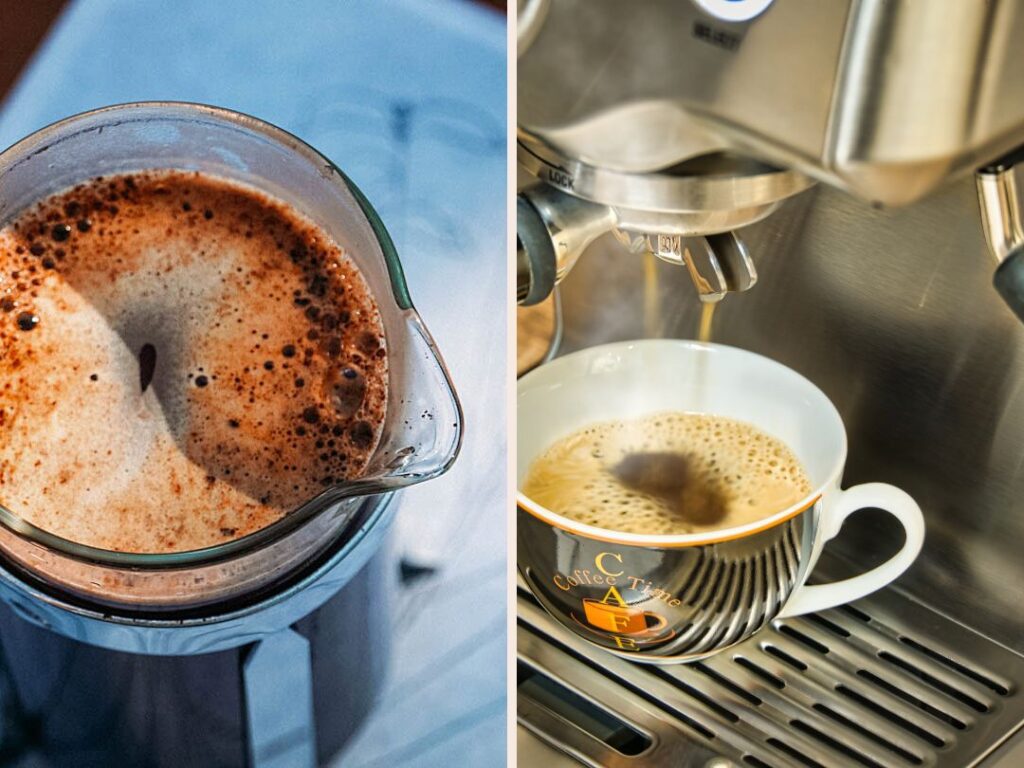 French press filled with coffee and espresso machine pulling an espresso
