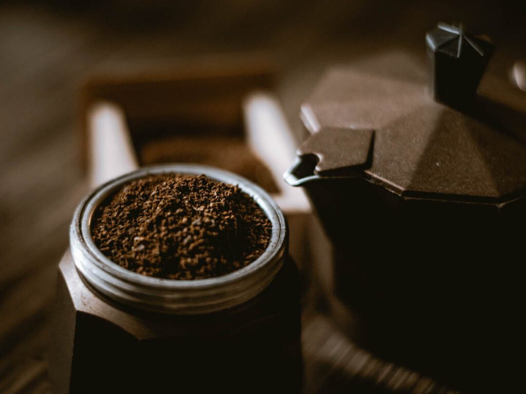 The Bialetti Moka Pot uses ground coffee, placed in the bottom section
