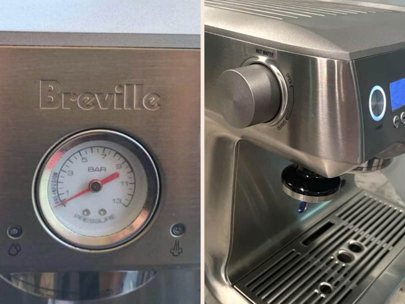 breville dual boiler espresso machine pressure gauge and grinder adjustment knob
