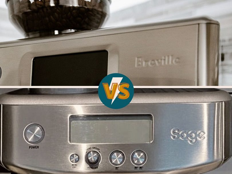 Sage vs Breville espresso machine labels sat side-by-side