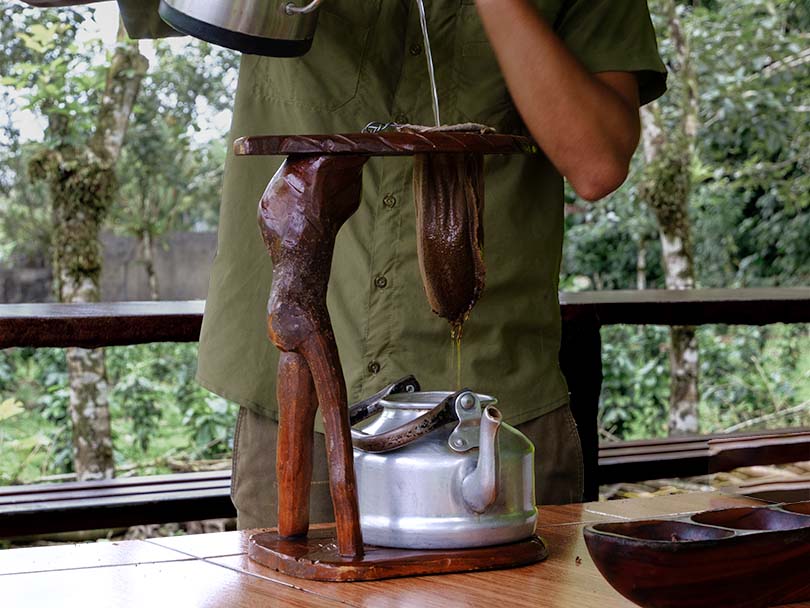 Chorreador being used to brew coffee in Costa Rica