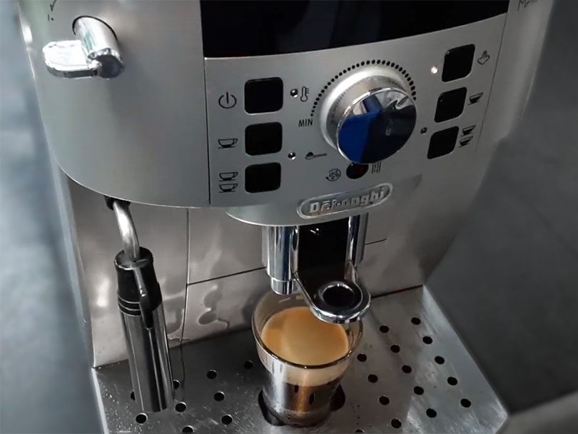 Freshly made shot of espresso from the DeLonghi Magnifica XS espresso machine