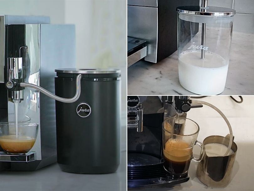 Three different milk containers connected to Jura coffee makers