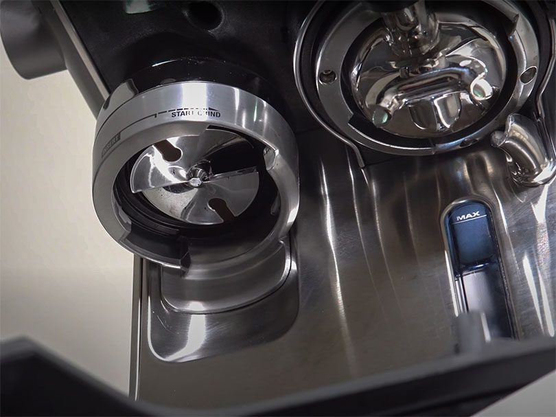 Close up of the grinder/doser on the Breville Oracle espresso machine