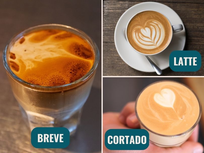 Three cups breve vs latte vs cortado respectively