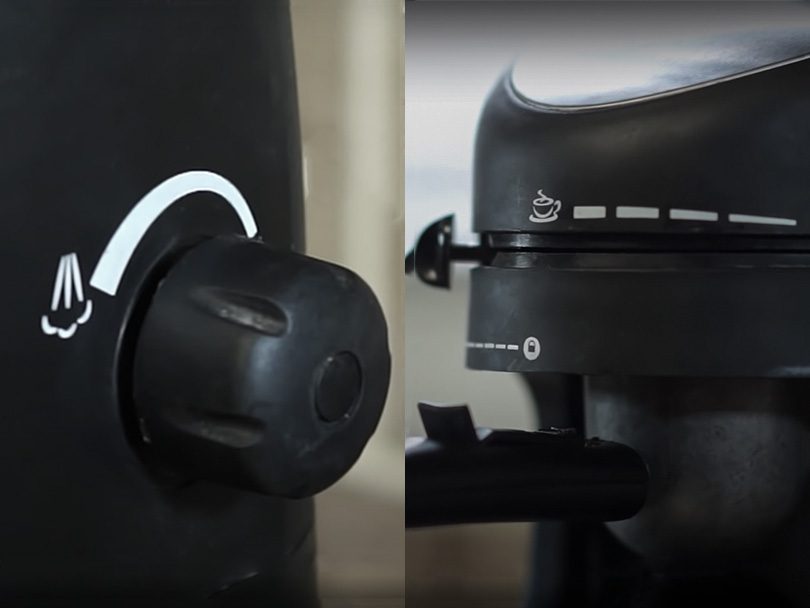 Close up of the simple dials/knobs on the Capresso 303.01 budget espresso machine
