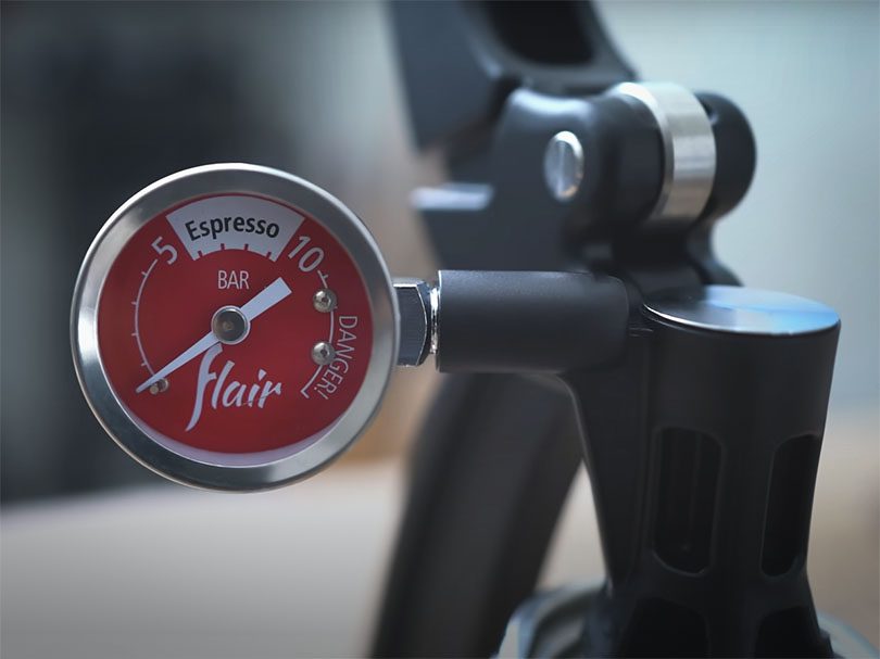 Close up of the Flair espresso maker gauge