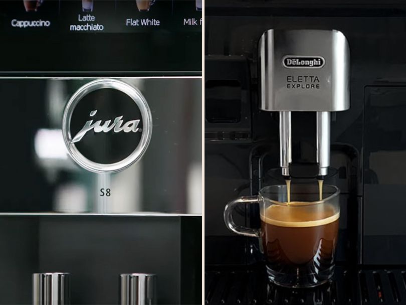 Close-up of a Jura and DeLonghi espresso machine
