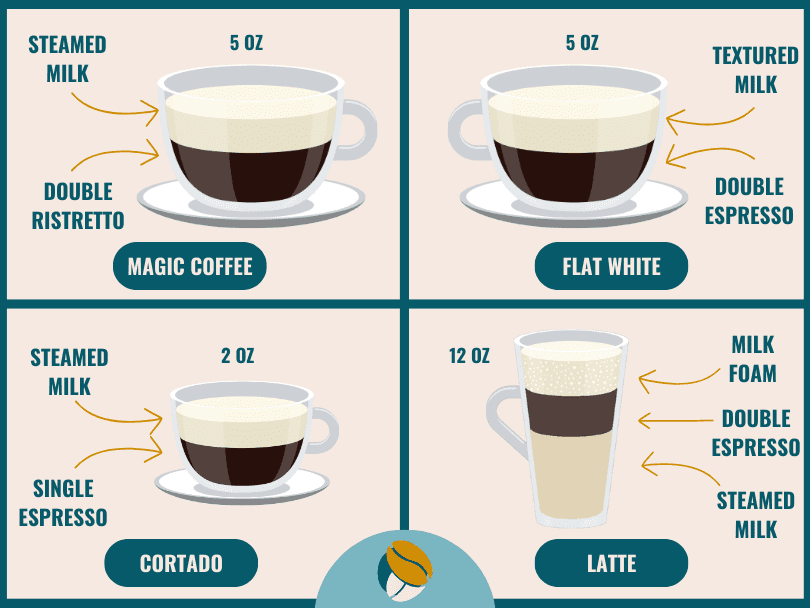 Infographic: Magic Coffee vs Flat White, Cortado, and Latte