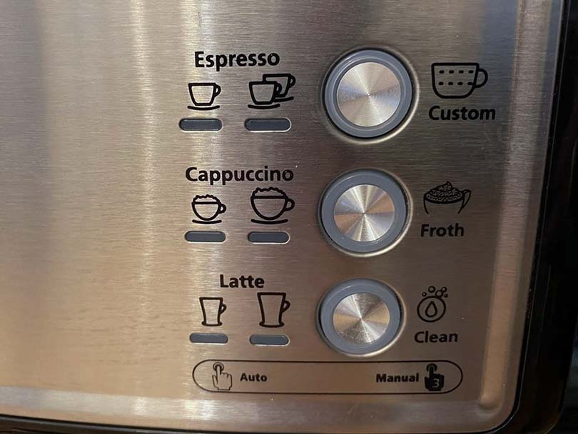 Close up of the buttons and basic user interface of the Mr Coffee Cafe Barista espresso machine
