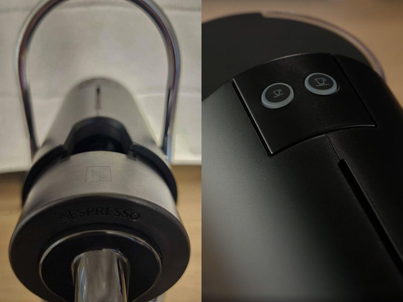 Close up of how to use the Nespresso Pixie single serve pod machine