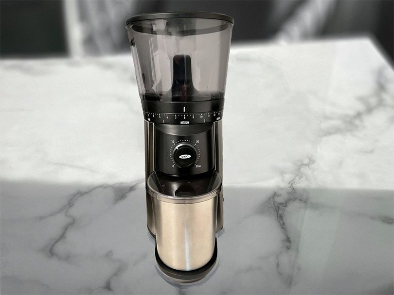 Front view of the OXO Brew conical burr grinder