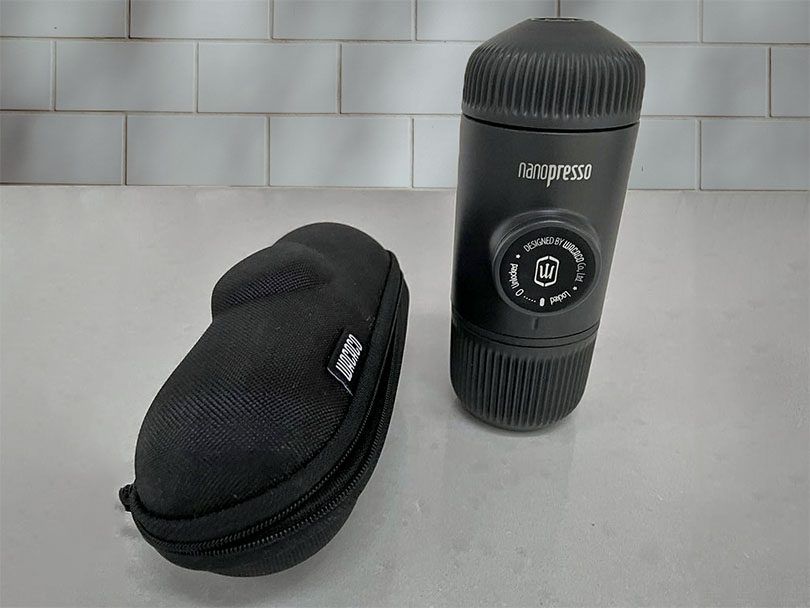Wacaco Nanopresso and its case sitting on kitchen counter