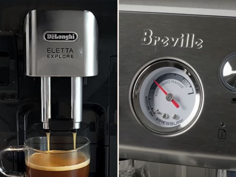 Close of of the branding on DeLonghi vs Breville espresso machines
