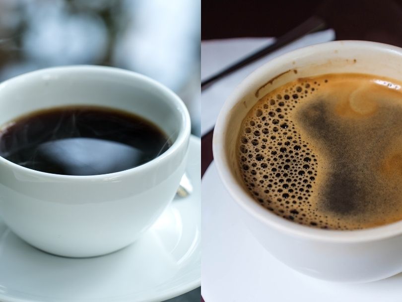 Split image showing two cups of Americano coffee. The left one is made with espresso first, water second. The right one is made with water first, espresso second