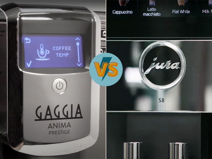 Close up of Gaggia and Jura logos on espresso machines