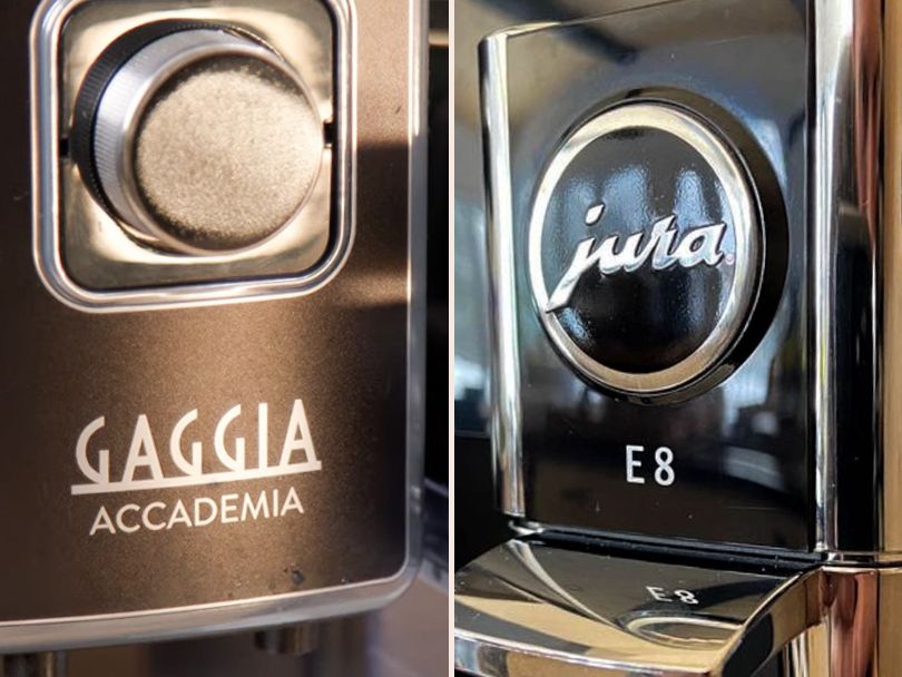 Close-up of the name badges of Gaggia Accademia vs Jura E8