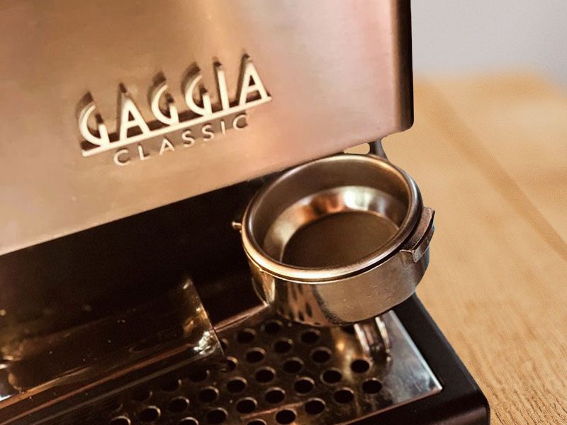 Close-up of the Gaggia Classic logo - an old-school classic & one of the best Gaggia espresso machines