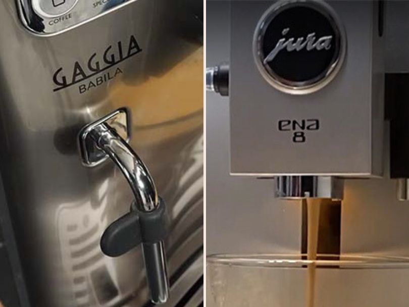 Close-up of the name badges of the Jura ENA 8 vs Gaggia Accademia