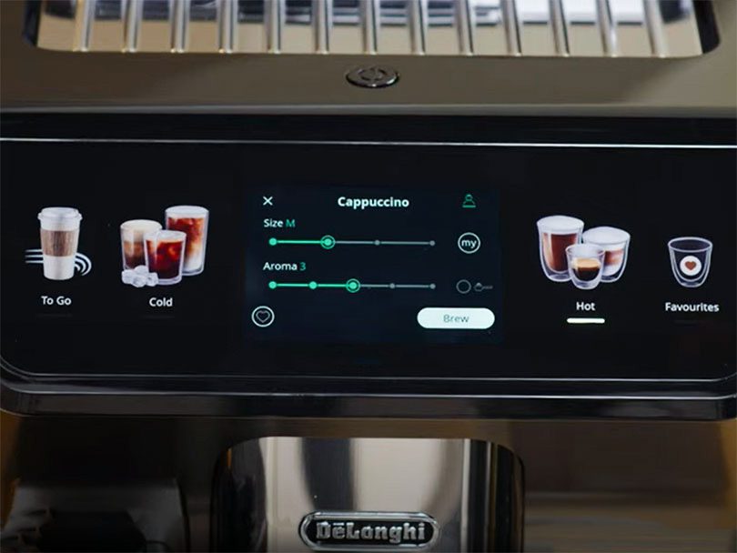User interface on DeLonghi Eletta Explore showing drink customization options