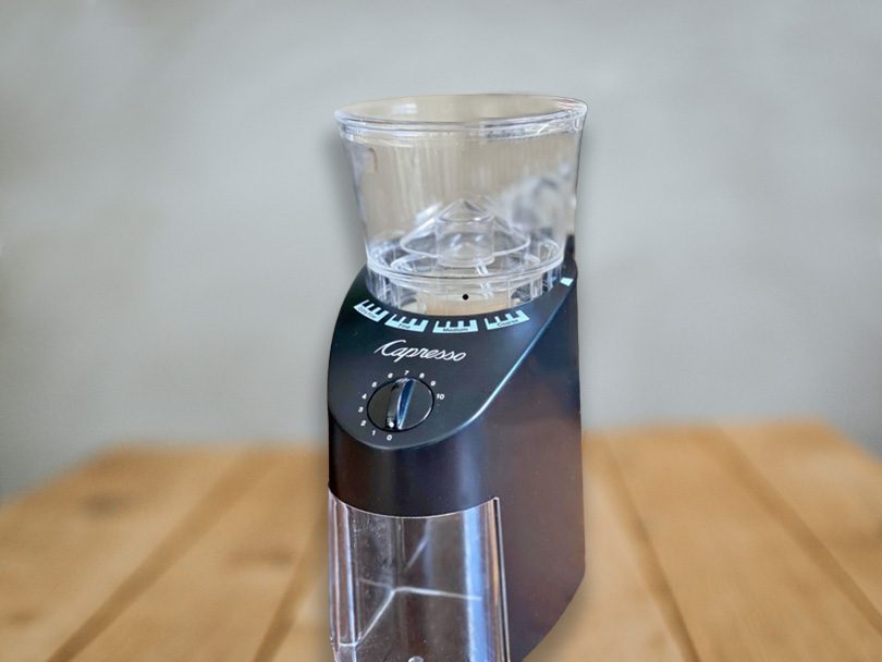 Capresso Infinity burr grinder slightly turned towards camera