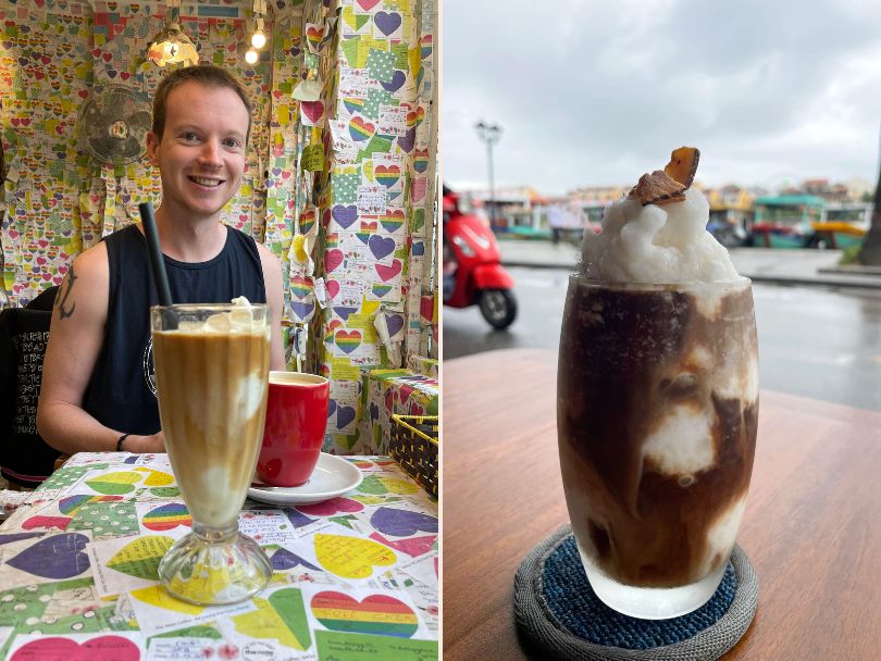 Left: Matt Woodburn-Simmonds with a hot and iced coconut coffee in the Note Coffee, Hanoi. Right: cà phê cốt dừa in Hoi An