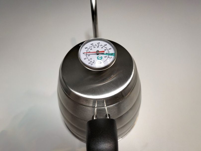 Top-down view of the Coffee Gator Gooseneck Kettle showing the thermometer built into the lid