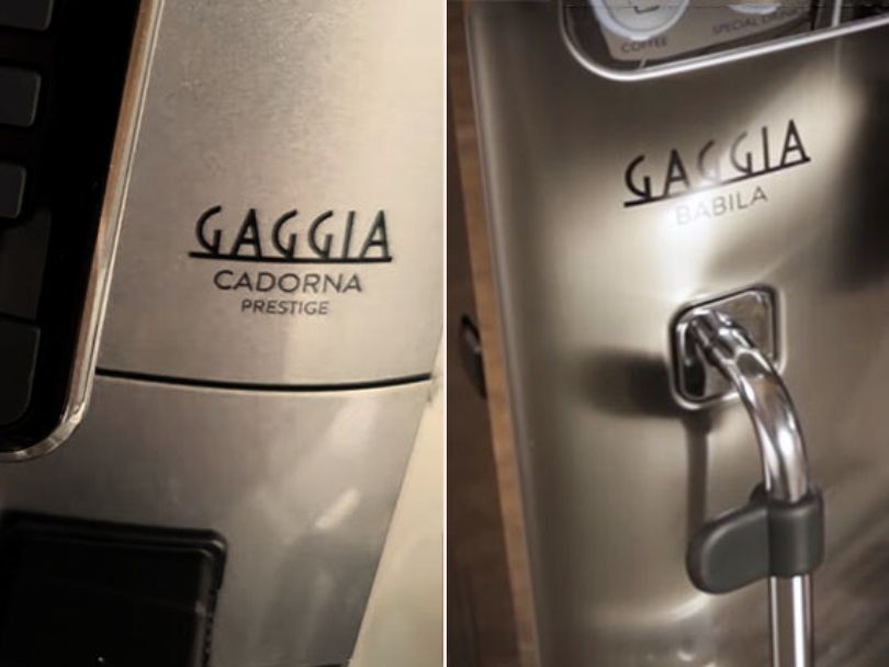 Close-up of the branding name bages on the Gaggia Cadorna Prestige and Gaggia Babila