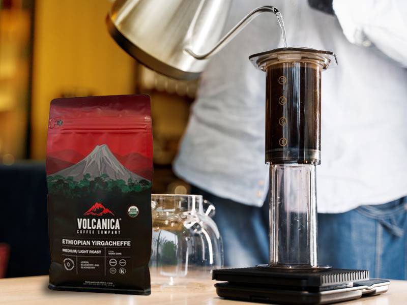 Making AeroPress coffee with Volcanica Yirgacheffee coffee beans (Ethiopia)