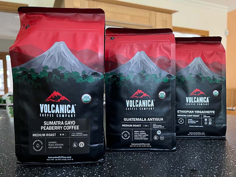 Selection of 3 Volcanica coffees - Sumatra Gayo Peaberry, Guatemala Antigua, and Ethiopian Yirgacheffe