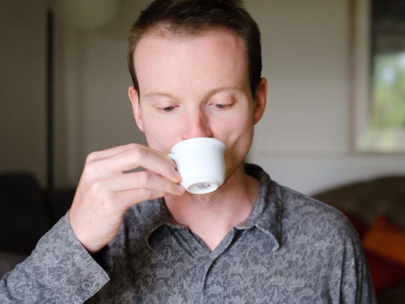 Matt Woodburn-Simmonds drinking a freshly made espresso