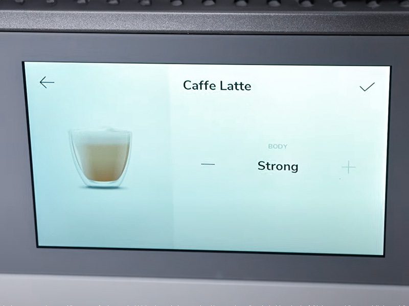 Close-up of the touchscreen on the KitchenAid KF8 showing the customization screen for the Body strength