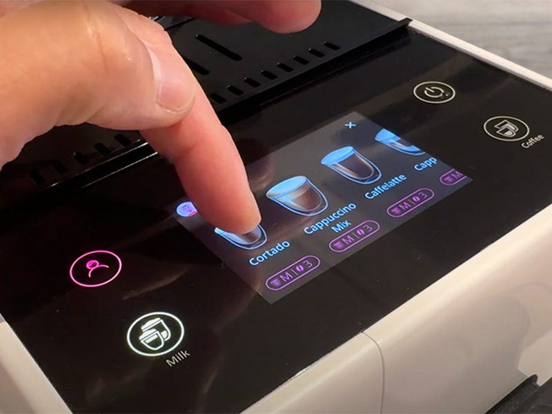 Close up of the coffee drinks selection screen on the DeLonghi Rivelia