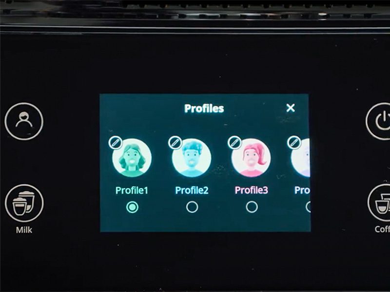 User interface for the DeLonghi Rivelia showing 3 user profiles, with the 4th just off screen