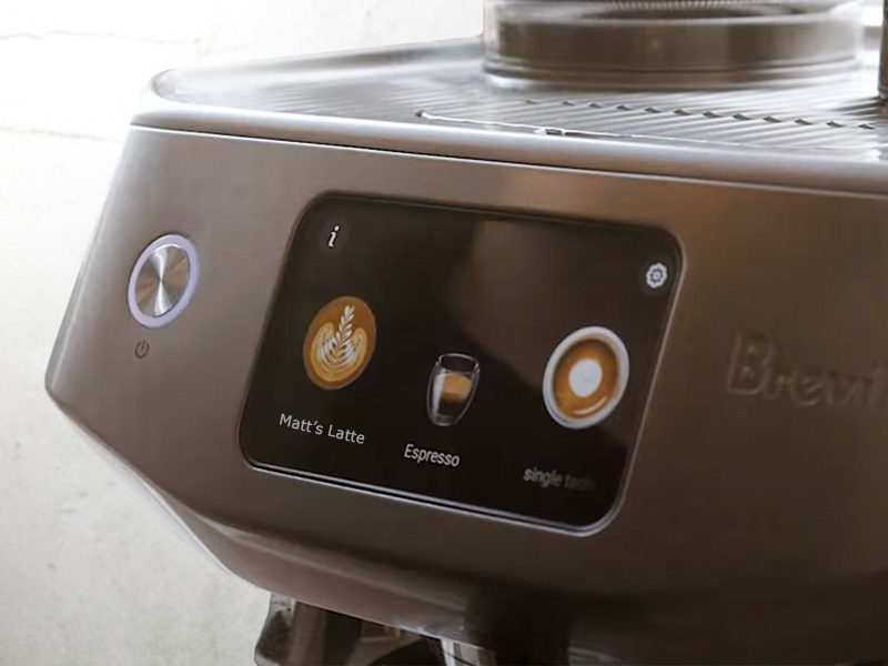 Touchscreen of Breville Oracle Jet showing a custom drink (Matt's Latte) and an Espresso