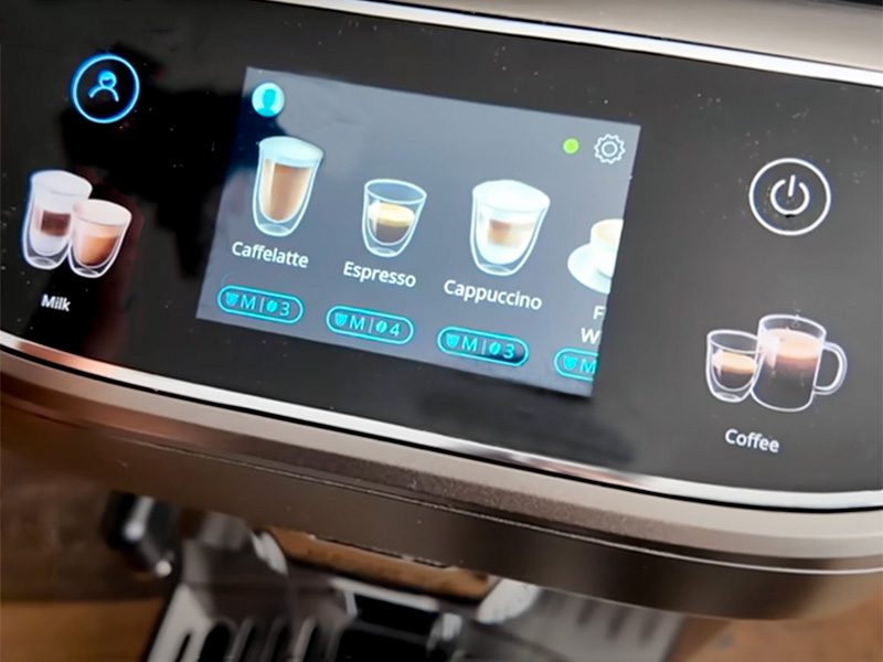 Close-up of the coffee selection and customized settings on the DeLonghi Magnifica Plus